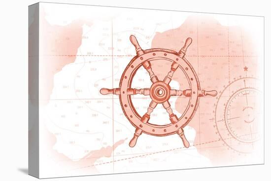 Ship Wheel - Coral - Coastal Icon-Lantern Press-Stretched Canvas