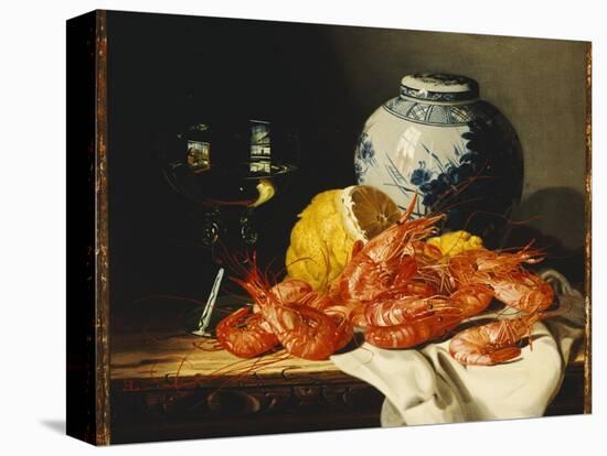 Shrimps, a Peeled Lemon, a Glass of Wine and a Blue and White Ginger Jar on a Draped Table-Edward Ladell-Premier Image Canvas