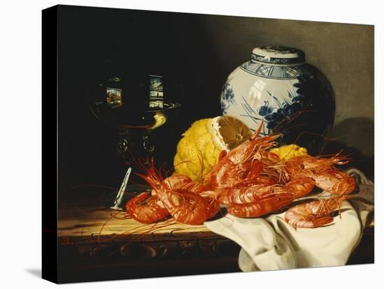 Shrimps, a Peeled Lemon, a Glass of Wine and a Blue and White Ginger Jar on a Draped Table-Edward Ladell-Premier Image Canvas