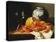 Shrimps, a Peeled Lemon, a Glass of Wine and a Blue and White Ginger Jar on a Draped Table-Edward Ladell-Premier Image Canvas