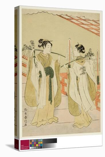 Shrine Maidens Onami and Ohatsu Dancing at Yushima Tenjin Shrine, C.1769 (Colour Woodblock Print)-Suzuki Harunobu-Premier Image Canvas
