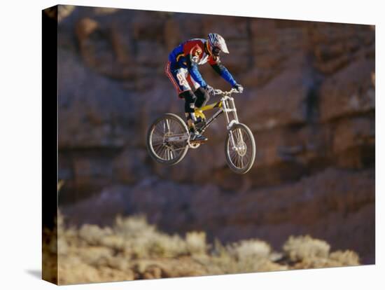 Side Profile of a Person on a Bicycle in Mid Air-null-Premier Image Canvas