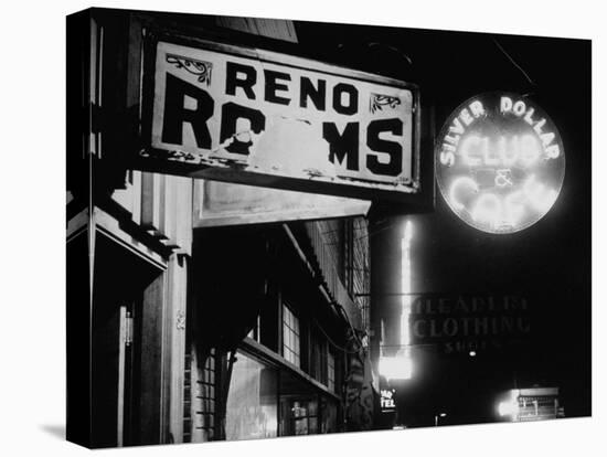 Signs for Reno Rooms, Silver Dollar Club, and Cafe at Night, for Workers of Grand Coulee Dam-Margaret Bourke-White-Premier Image Canvas