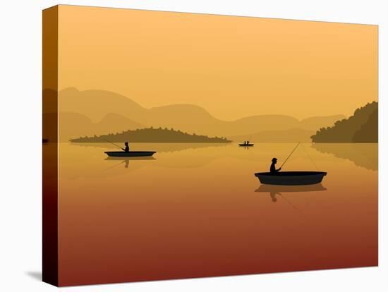 Silhouette of Fishermen in a Boat with Fishing Rods in the Water. Landscape with Mountains, Forest-S_Veresk-Stretched Canvas