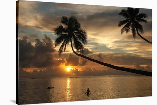 Silhouette of leaning palm trees and a woman at sunrise on Taveuni Island, Fiji, Pacific-Don Mammoser-Premier Image Canvas