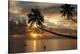 Silhouette of leaning palm trees and a woman at sunrise on Taveuni Island, Fiji, Pacific-Don Mammoser-Premier Image Canvas