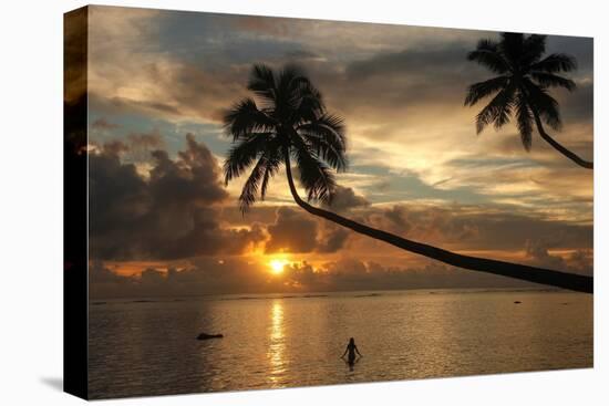 Silhouette of leaning palm trees and a woman at sunrise on Taveuni Island, Fiji, Pacific-Don Mammoser-Premier Image Canvas