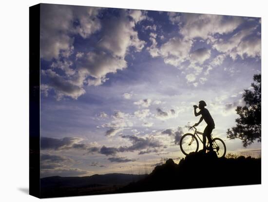 Silhouette of Mountain Biker Drinking at the Summit During Sunset-null-Premier Image Canvas