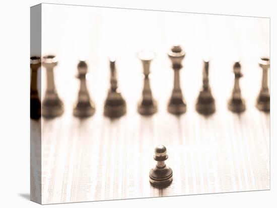 Silver Pawn on Newspaper Stock Market Report with Line of Chess Pieces-null-Premier Image Canvas