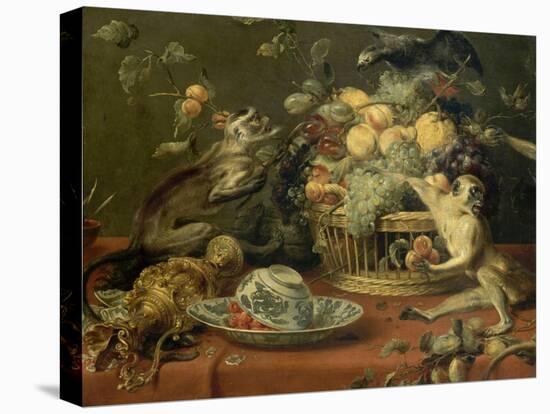 Singes et perroquet auprés d'une corbeille de fruits-Frans Snyders-Premier Image Canvas