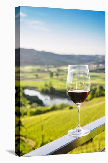 Single wine glass above vineyards, Piedmont, Italy, Europe-Alexandre Rotenberg-Premier Image Canvas