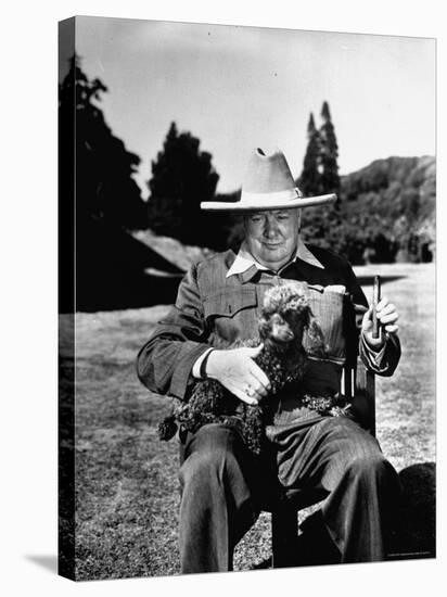 Sir Winston Churchill Wearing Straw Hat While Holding Pet Poodle at Chartwell Manor-Hans Wild-Premier Image Canvas