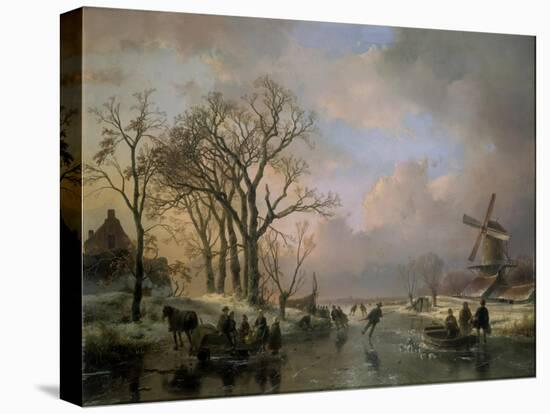 Skating in Holland, Showing a Winter Scene with Ice-Scaters and with a Windmill in the Background-Andreas Schelfhout-Premier Image Canvas
