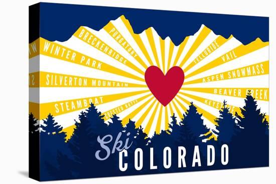 Ski Colorado - Heart and Treeline-Lantern Press-Stretched Canvas