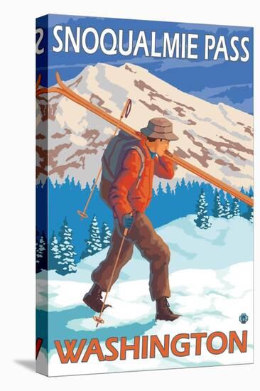 Skier Carrying Snow Skis, Snoqualmie Pass, Washington-Lantern Press-Stretched Canvas