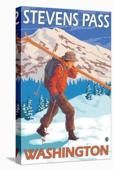 Skier Carrying Snow Skis, Stevens Pass, Washington-Lantern Press-Stretched Canvas