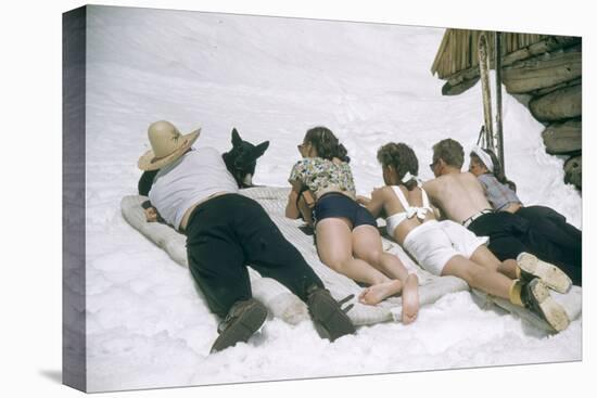 Skiers Sunbathing in Summer Fashions with Dog at Sun Valley Ski Resort, Idaho, April 22, 1947-George Silk-Premier Image Canvas