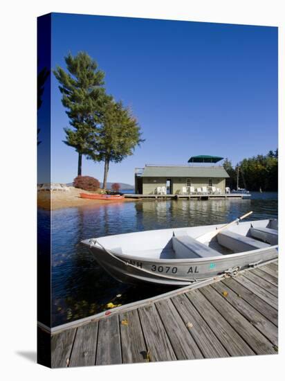 Skiff and boathouse at Oliver Lodge on Lake Winnipesauke, Meredith, New Hampshire, USA-Jerry & Marcy Monkman-Premier Image Canvas