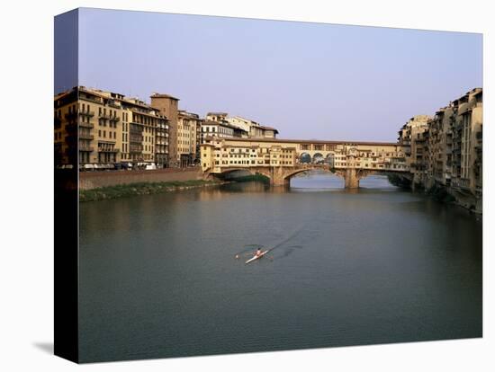 Skiff on the River Arno and the Ponte Vecchio, Florence, Tuscany, Italy-Walter Rawlings-Premier Image Canvas