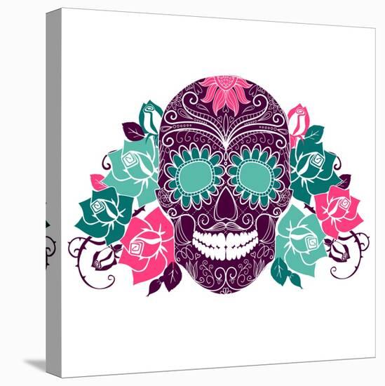 Skull And Roses, Colorful Day Of The Dead Card-Alisa Foytik-Stretched Canvas
