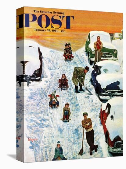 "Sledding and Digging Out," Saturday Evening Post Cover, January 28, 1961-Earl Mayan-Premier Image Canvas