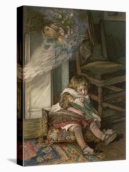 Small Girl Sleeping by the Fire with Her Dolly Dreams of the Joys of Christmas Day-Lizzie-Premier Image Canvas