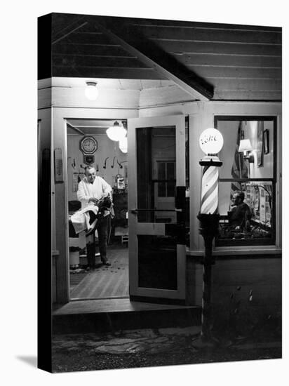 Small Town Barber Grover Cleveland Kohl Working in His Shop at Night-Alfred Eisenstaedt-Premier Image Canvas