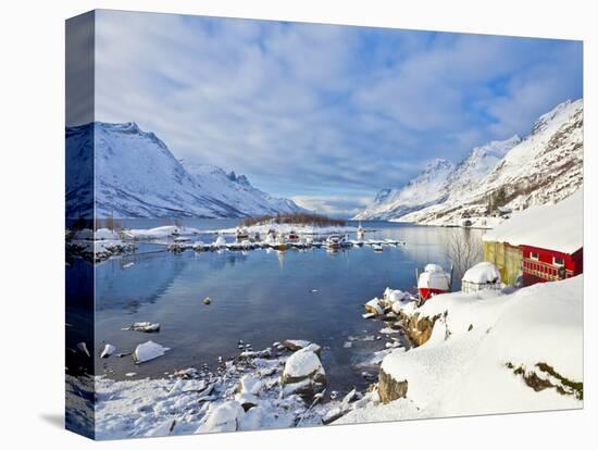 Snow Covered Mountains, Boathouse and Moorings in Norwegian Fjord Village of Ersfjord, Kvaloya Isla-Neale Clark-Premier Image Canvas