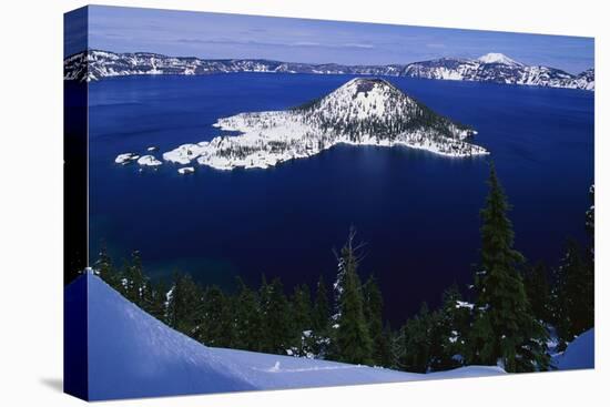 Snow Covered Wizard Island on Crater Lake-Paul Souders-Premier Image Canvas