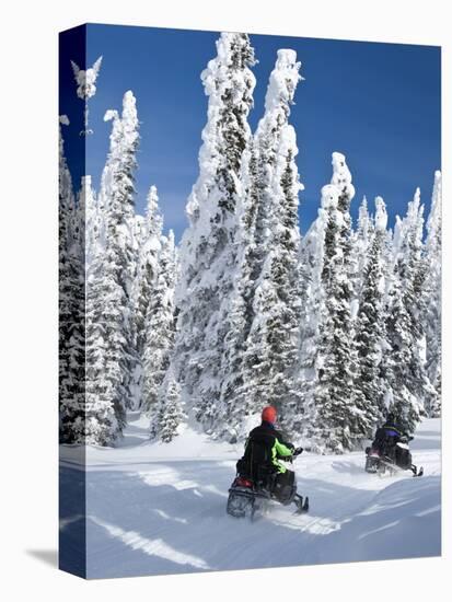 Snowmobilers Riding Through a Forest of Hoar Frosted Trees on Two Top Mountain, West Yellowstone, M-Kimberly Walker-Premier Image Canvas