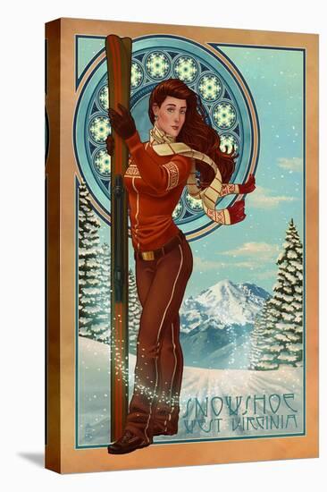 Snowshoe, West Virginia - Art Nouveau Skier-Lantern Press-Stretched Canvas