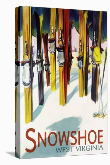 Snowshoe, West Virginia - Colorful Skis-Lantern Press-Stretched Canvas