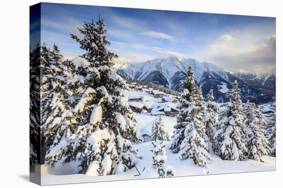 Snowy Woods and Mountain Huts Framed by the Winter Sunset, Bettmeralp, District of Raron-Roberto Moiola-Premier Image Canvas