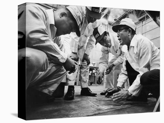 Soichiro Honda Showing Engineers Solution to Body Noise Problem at Research Facility, Japan, 1967-Takeyoshi Tanuma-Premier Image Canvas