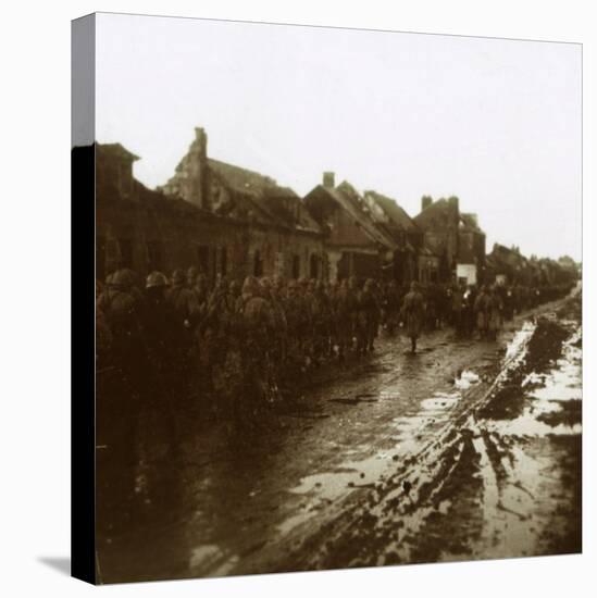 Soldiers marching past bombed-out houses, Champagne, northern France, c1914-c1918-Unknown-Premier Image Canvas