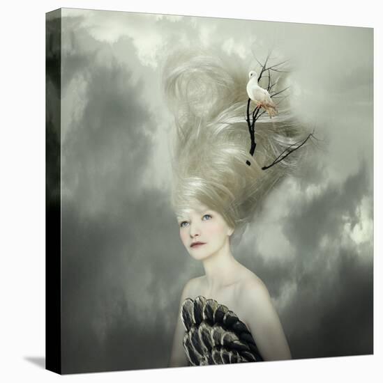 Sophisticated and Artistic Portrait of a Beautiful Female Model with a White Dove on a Branch in Th-Valentina Photos-Stretched Canvas