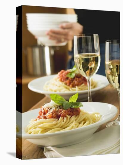 Spaghetti Bolognese and White Wine for Two on Table-null-Premier Image Canvas