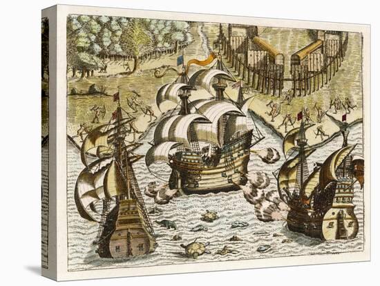 Spanish Galleons Attempt to Ward off Rivals for the New World-Theodor de Bry-Stretched Canvas