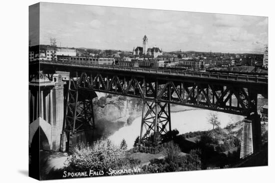 Spokane, Washington - View of Spokane Falls and Bridge-Lantern Press-Stretched Canvas