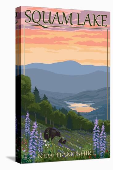 Squam Lake, New Hampshire - Bears and Spring Flowers-Lantern Press-Stretched Canvas