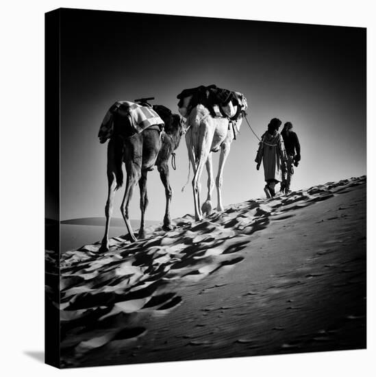 Square Black & White Image of 2 Men and 2 Camels in Sahara Desert-ABO PHOTOGRAPHY-Premier Image Canvas