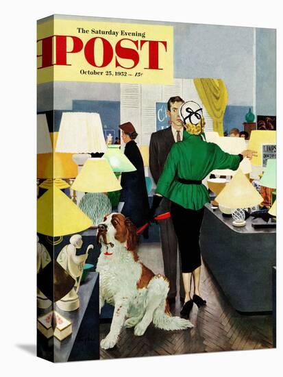 "St. Bernard in Lamp Shop" Saturday Evening Post Cover, October 25, 1952-George Hughes-Premier Image Canvas