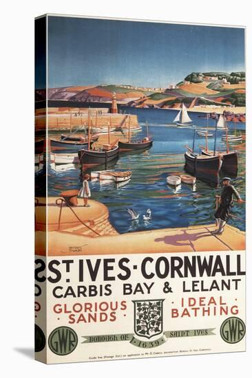 St. Ives, England - Harbor Scene with Girl and Gulls Railway Poster-Lantern Press-Stretched Canvas