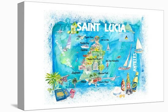 St Lucia Antilles Illustrated Caribbean Travel Map with Highlights of West Indies Island Dream-M. Bleichner-Stretched Canvas