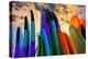 Stacked surf boards at sunset after a day of surf school in Canggu, Bali, Indonesia-Greg Johnston-Premier Image Canvas