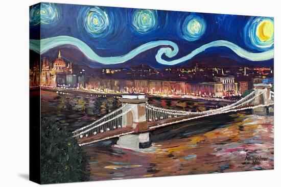 Starry Night in Budapest Hungary with Danube-Martina Bleichner-Stretched Canvas