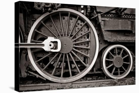 Steam Locomotive Wheel Detail In Warm Black And White-mishoo-Stretched Canvas