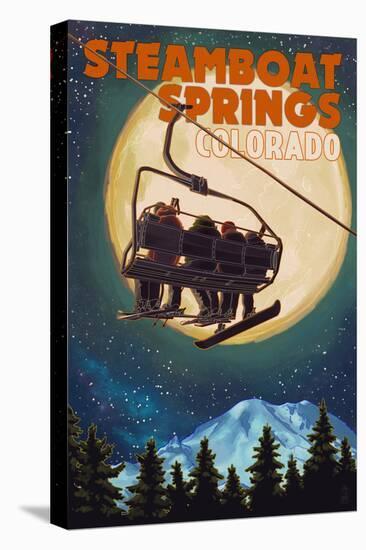 Steamboat Springs, Colorado - Ski Lift and Full Moon-Lantern Press-Stretched Canvas