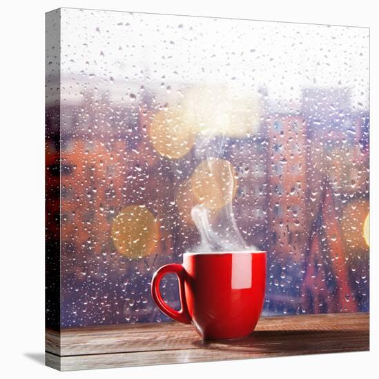 Steaming Cup of Coffee over a Cityscape Background-George D.-Premier Image Canvas