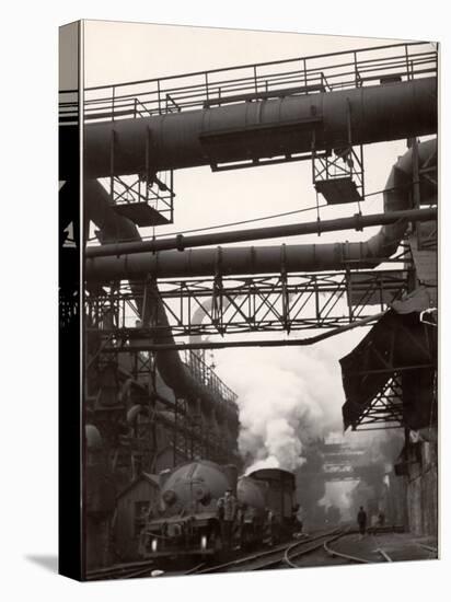 Steaming Hot Steel Slag Being Poured into Freight Cars on Railroad Siding at Steel Plant-Margaret Bourke-White-Premier Image Canvas